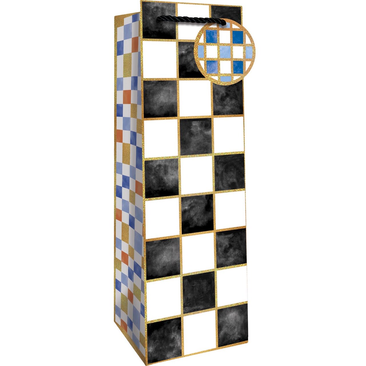 Pack/6: Black & White Checkers Wine Bag - 4-1/2 x 4-1/2 x 14"